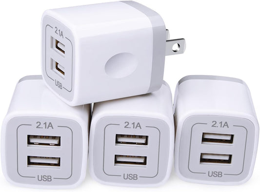USB Cube Wall Charger, 2 Port Charging Box 4Pack 2.1A/5V Home Travel Plug USB Power Adapter Charging Station Base for Iphone 16E 16 15 14 13 12 11 Pro Max XR XS X 8 7 6 Plus, Ipad, Ipod,Samsung